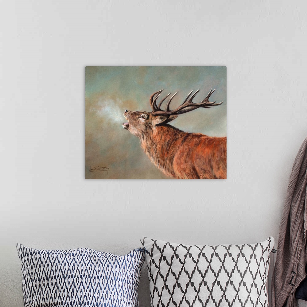 A bohemian room featuring Contemporary painting of a red deer stag in the early morning.