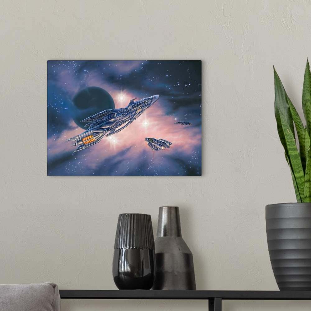 A modern room featuring A shuttle transports passengers between ships that have met up inside a purple nebula.