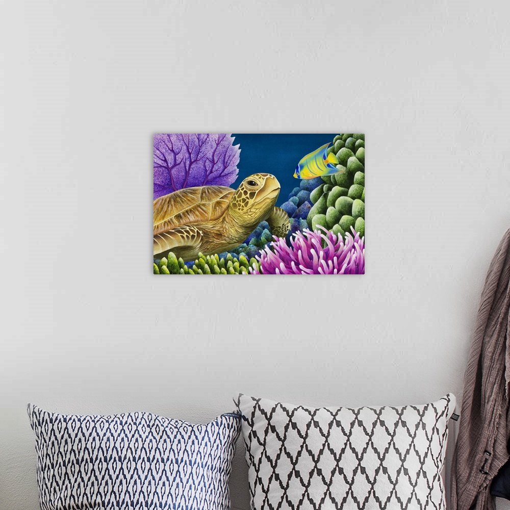 A bohemian room featuring Watercolor painting of a sea turtle and a tropical fish starring at each other in a coral reef.