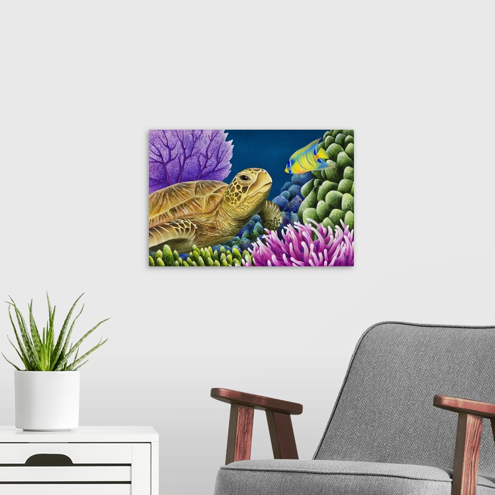 A modern room featuring Watercolor painting of a sea turtle and a tropical fish starring at each other in a coral reef.