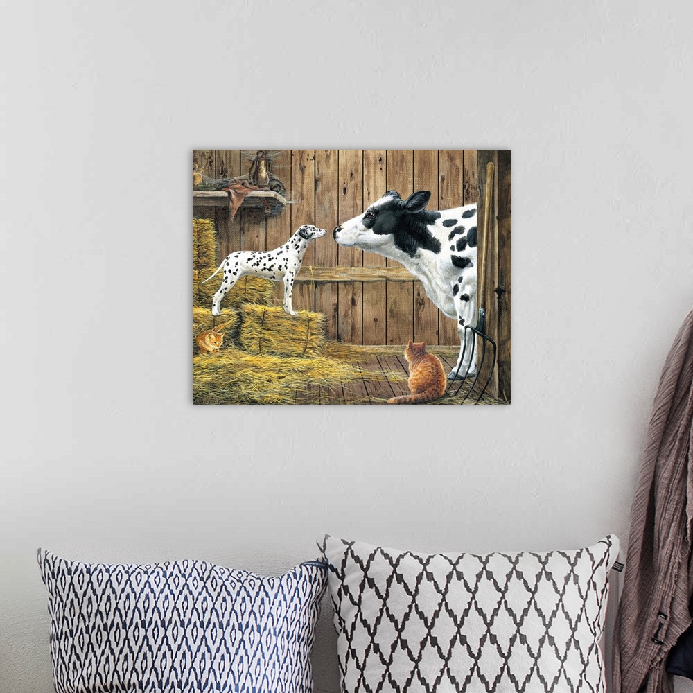 A bohemian room featuring Contemporary painting of a cow and dalmatian standing nose to nose staring at each other.