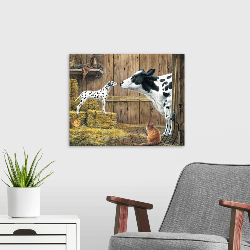 A modern room featuring Contemporary painting of a cow and dalmatian standing nose to nose staring at each other.