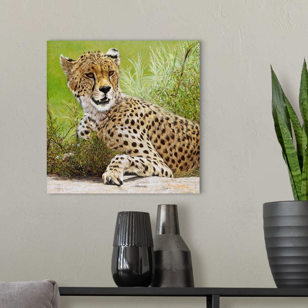 A modern room featuring Contemporary art of a cheetah laying in lush grass.