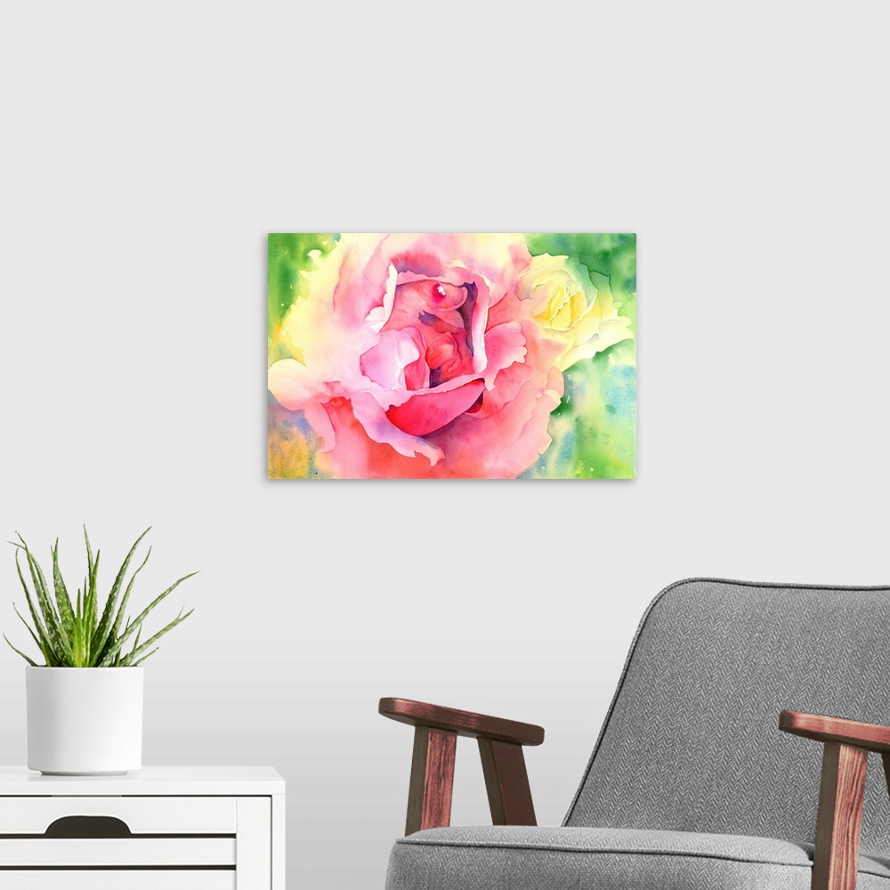 A modern room featuring Contemporary watercolor painting of brightly colored flowers.