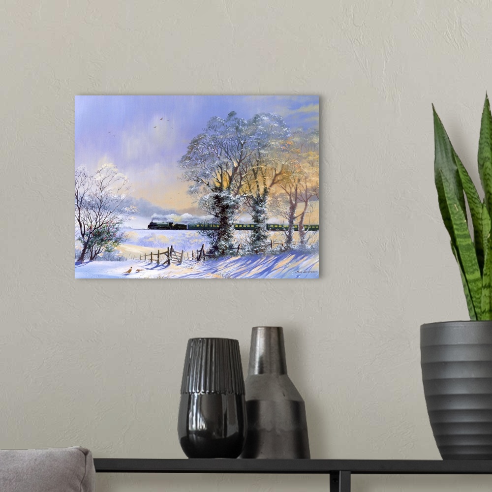 A modern room featuring Contemporary painting of a train traveling through a snowy rural landscape in winter.