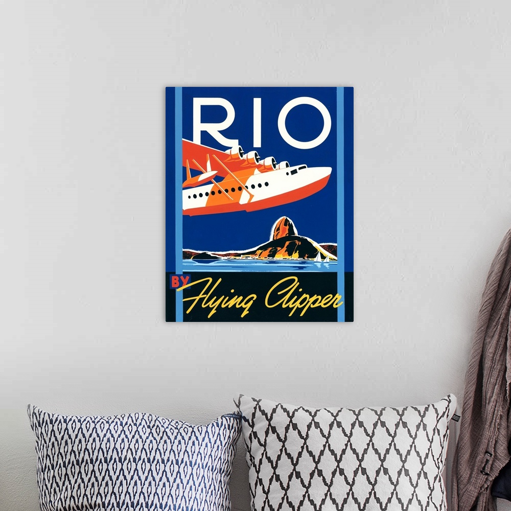 A bohemian room featuring Contemporary minimalist travel poster in a retro style.