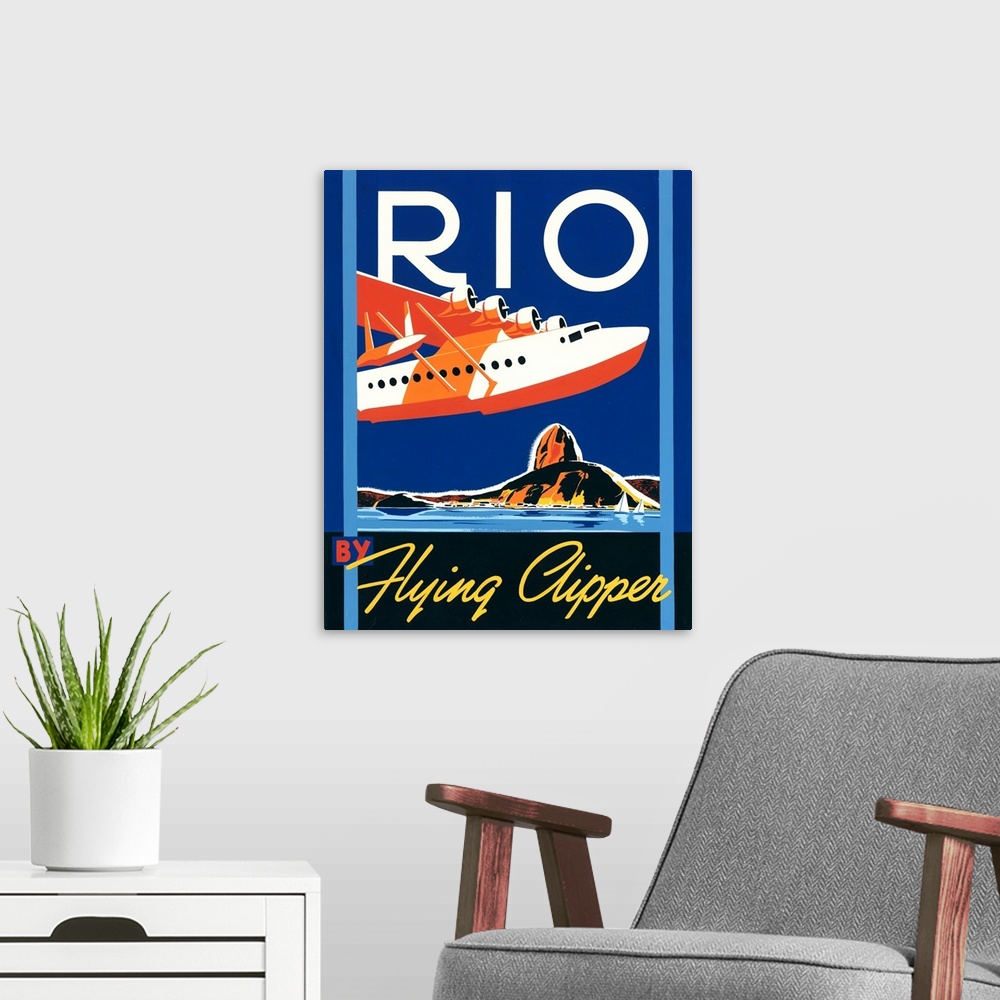 A modern room featuring Contemporary minimalist travel poster in a retro style.