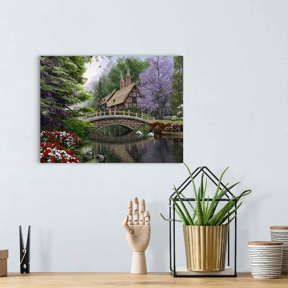 A bohemian room featuring Contemporary painting of a river with a cottage along side of it and a small bridge with birds in...