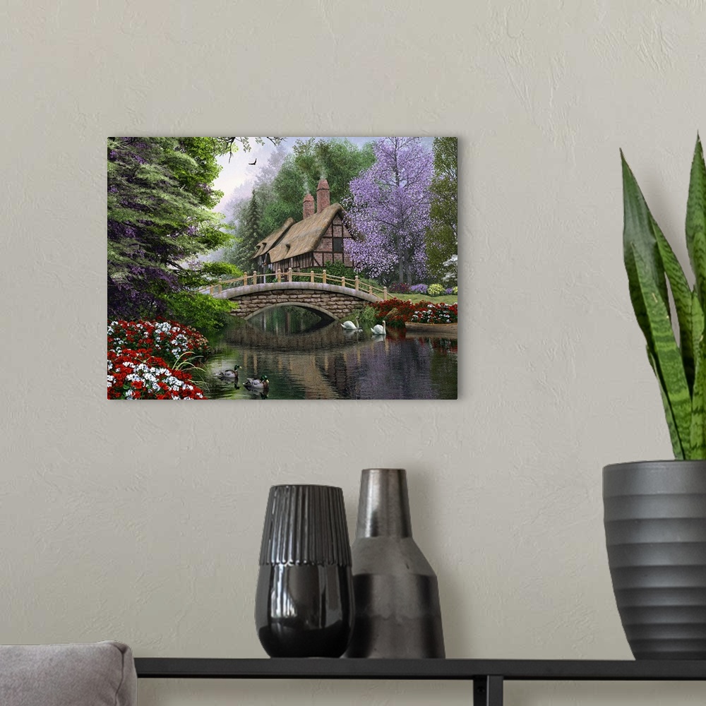 A modern room featuring Contemporary painting of a river with a cottage along side of it and a small bridge with birds in...