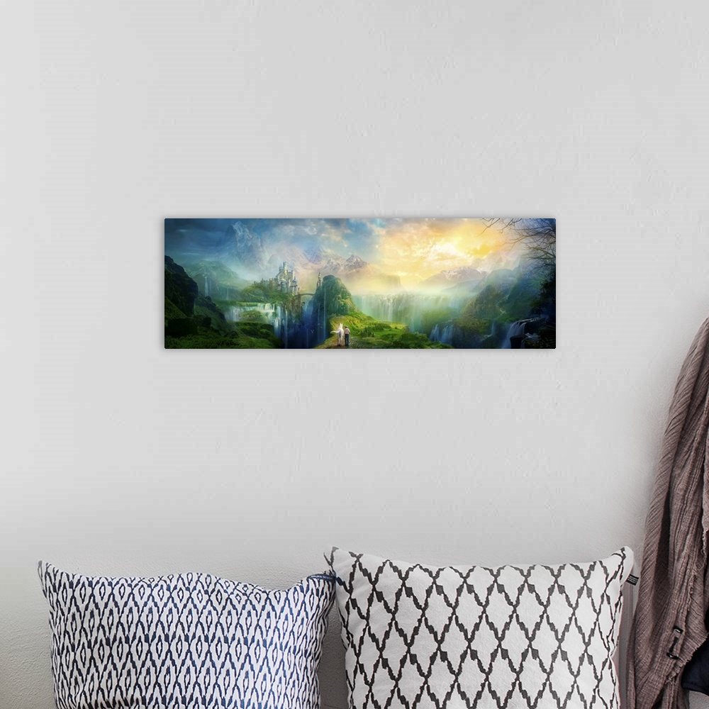 A bohemian room featuring Fantasy artwork of man walking a white horse through a magical and serene looking valley, with en...
