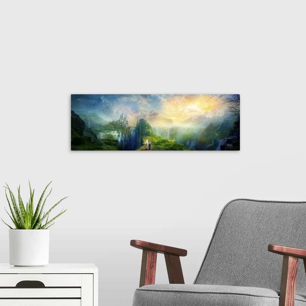 A modern room featuring Fantasy artwork of man walking a white horse through a magical and serene looking valley, with en...