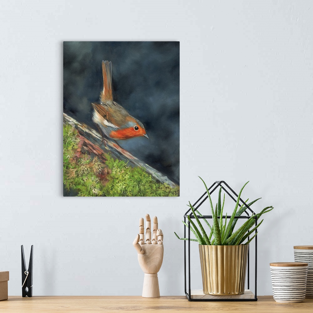 A bohemian room featuring Contemporary painting of a robin perched on branch.