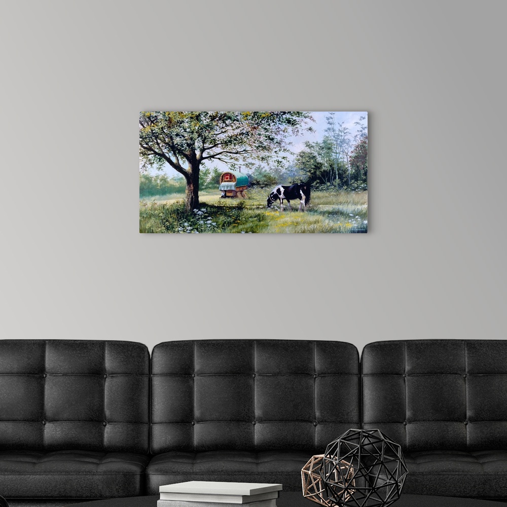 A modern room featuring Contemporary painting of a black and white horse grazing on lush greens near a gypsy train car.