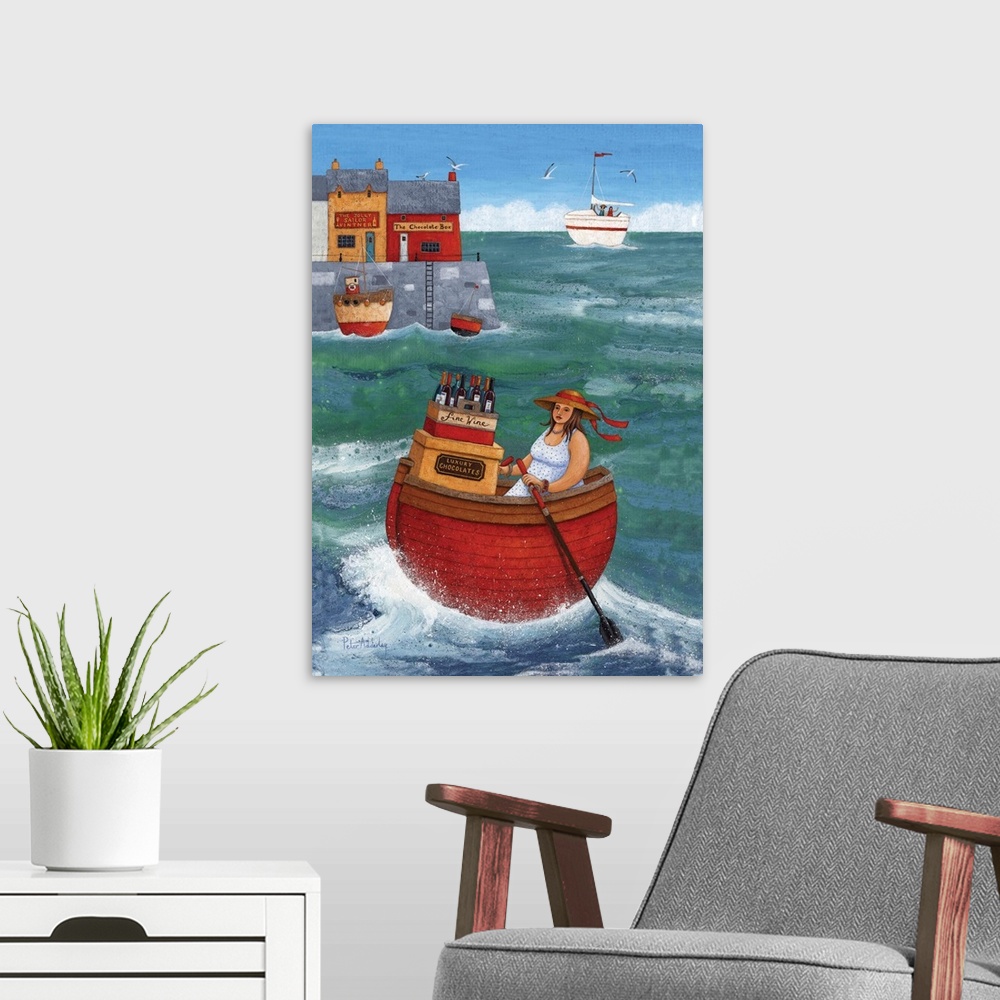 A modern room featuring Contemporary nautical artwork of a woman wearing a hat rowing a red boat in the ocean carrying wine.