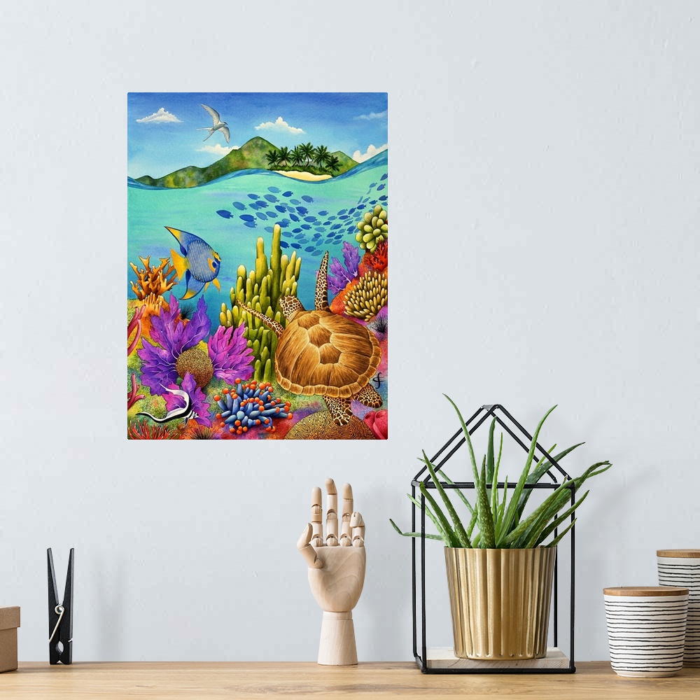 A bohemian room featuring Contemporary tropical themed artwork with use of bright and vibrant colors.