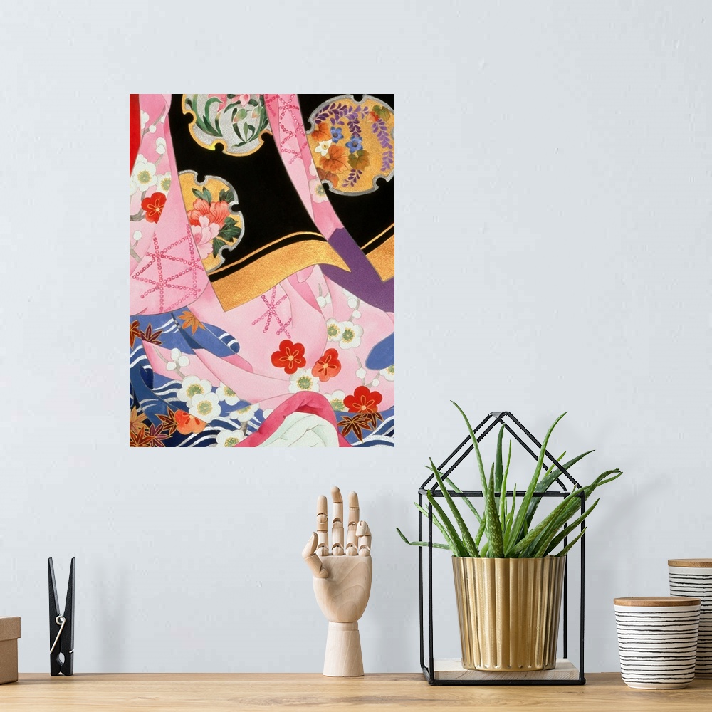A bohemian room featuring Contemporary colorful and lavish looking Asian artwork. With different colored fabric patterns.