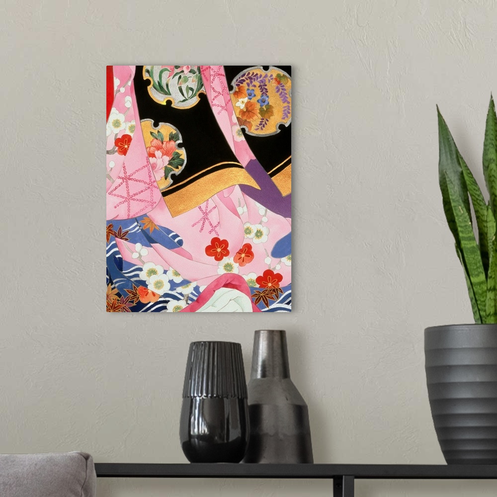 A modern room featuring Contemporary colorful and lavish looking Asian artwork. With different colored fabric patterns.