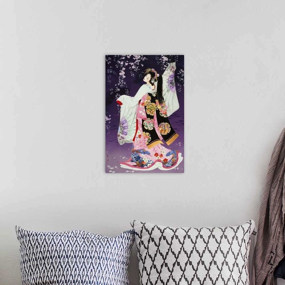 A bohemian room featuring Contemporary colorful Asian art of a Geisha in beautiful ornate clothing.