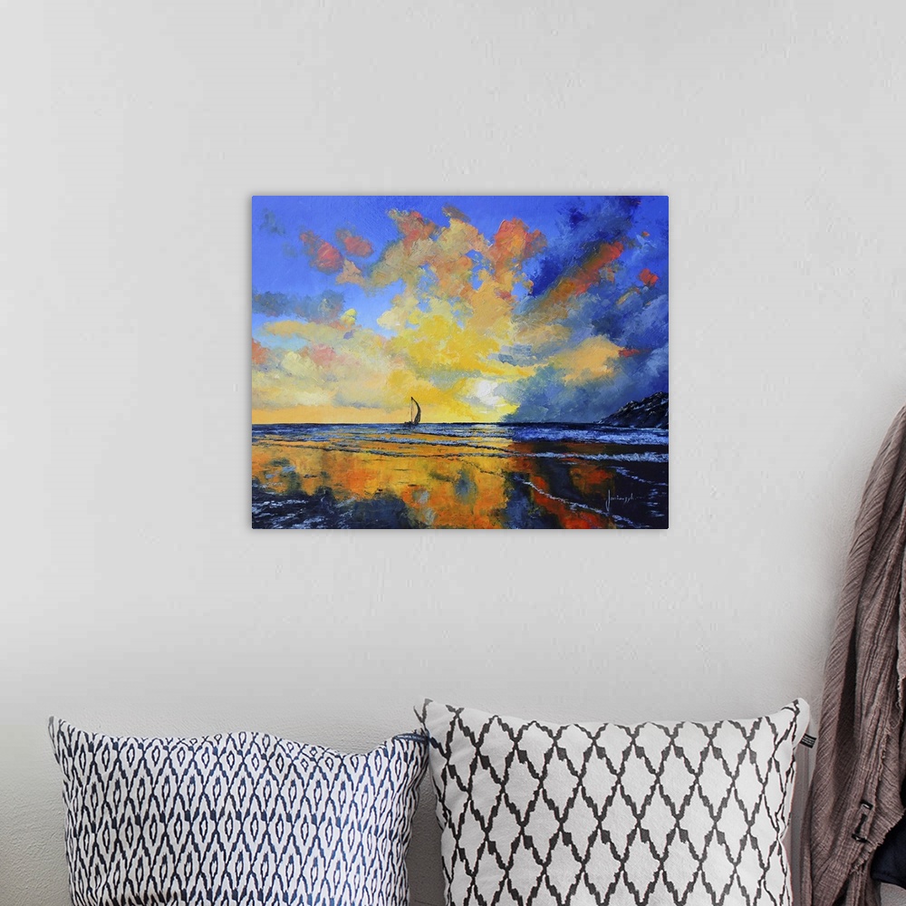 A bohemian room featuring Painting of a sailboat on a calm sea at sunset.