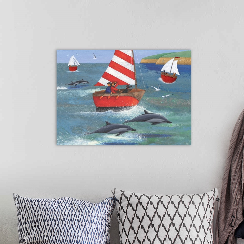 A bohemian room featuring Contemporary nautical themed painting of people sailing in the bay with dolphins jumping out of t...