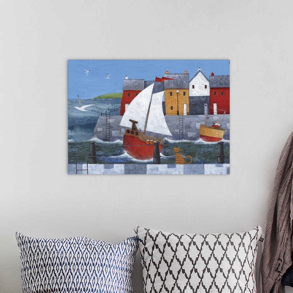 A bohemian room featuring Contemporary painting with a nautical theme of a dog riding a red sailboat in a small harbor town...