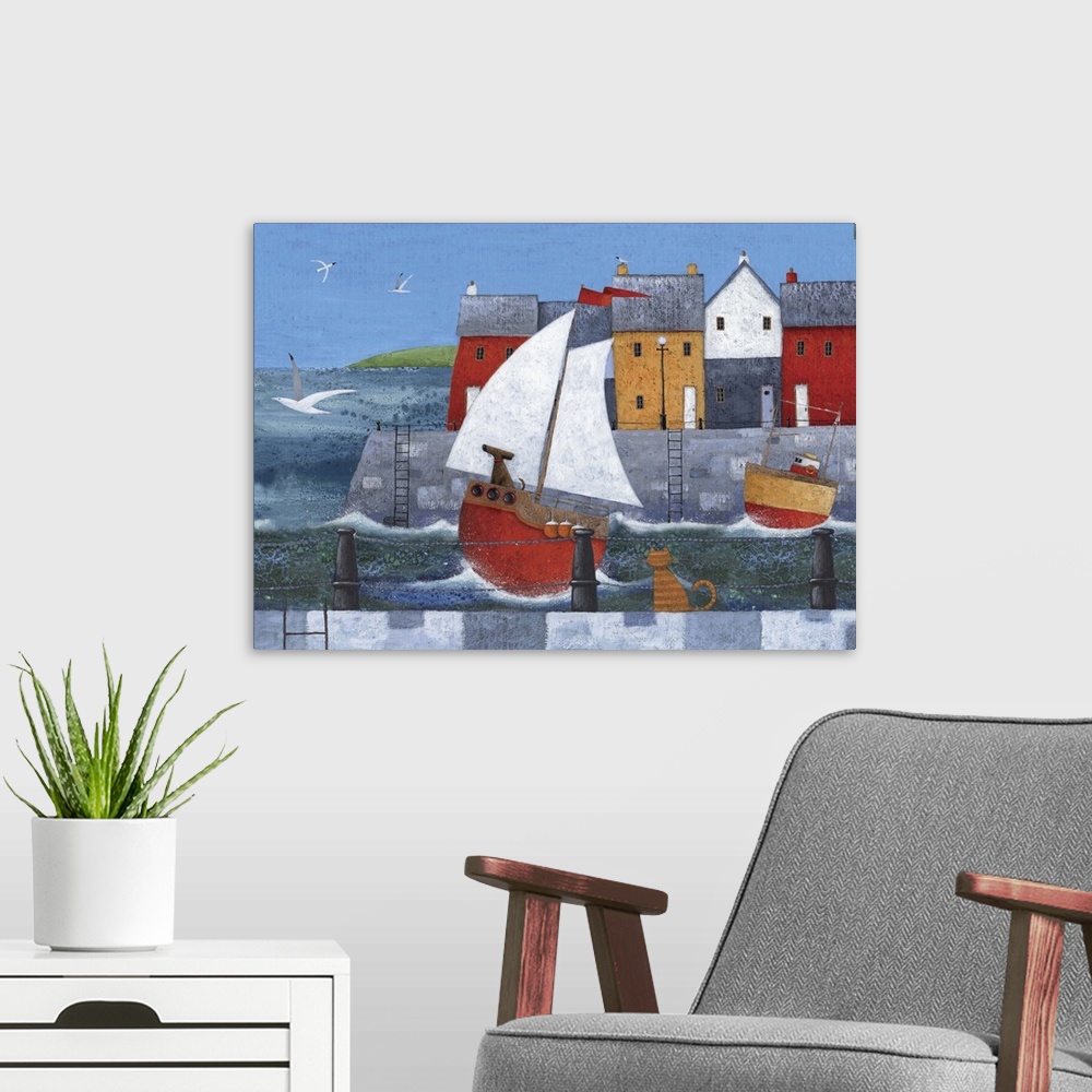 A modern room featuring Contemporary painting with a nautical theme of a dog riding a red sailboat in a small harbor town...