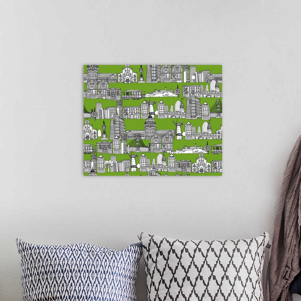 A bohemian room featuring repeating pattern ~ Ink illustrated hotchpotch of San Francisco city landmarks, monuments and bui...