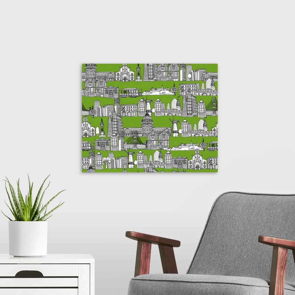 A modern room featuring repeating pattern ~ Ink illustrated hotchpotch of San Francisco city landmarks, monuments and bui...