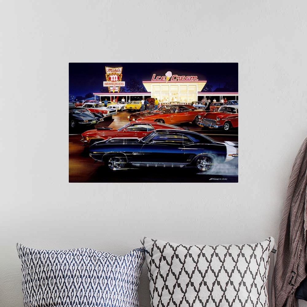 A bohemian room featuring This decorative art is a painting of vintage muscle cars racing and parked outside a retro drive-...