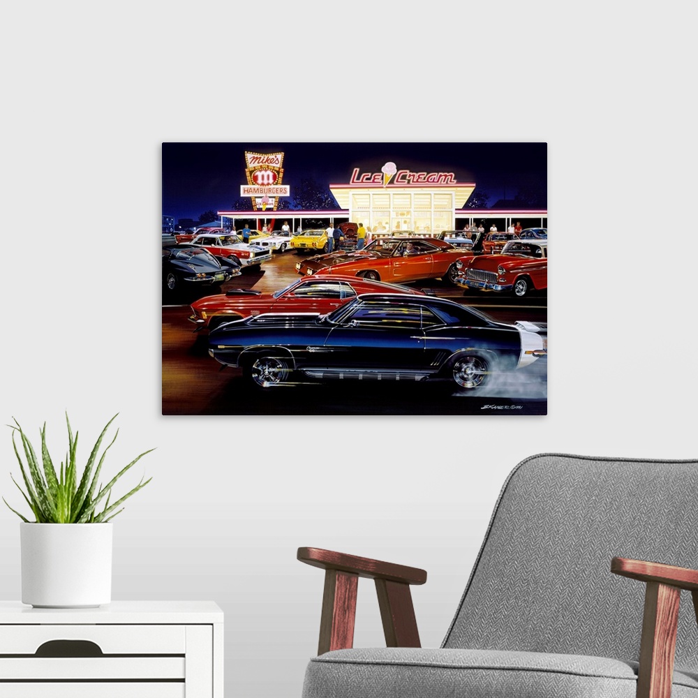 A modern room featuring This decorative art is a painting of vintage muscle cars racing and parked outside a retro drive-...