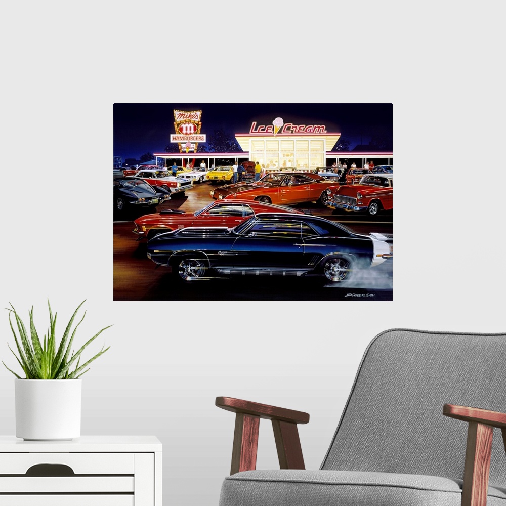 A modern room featuring This decorative art is a painting of vintage muscle cars racing and parked outside a retro drive-...