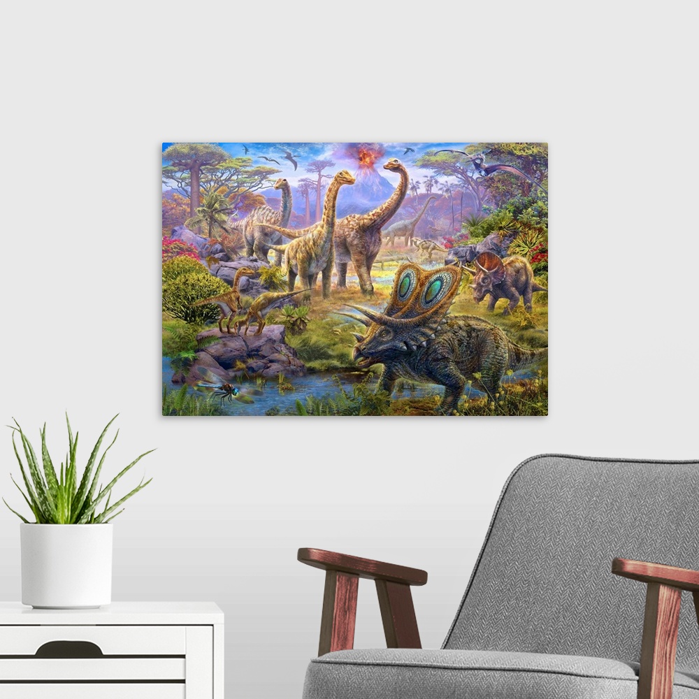 A modern room featuring Colorful artwork of a dinosaurs in a tropical paradise.