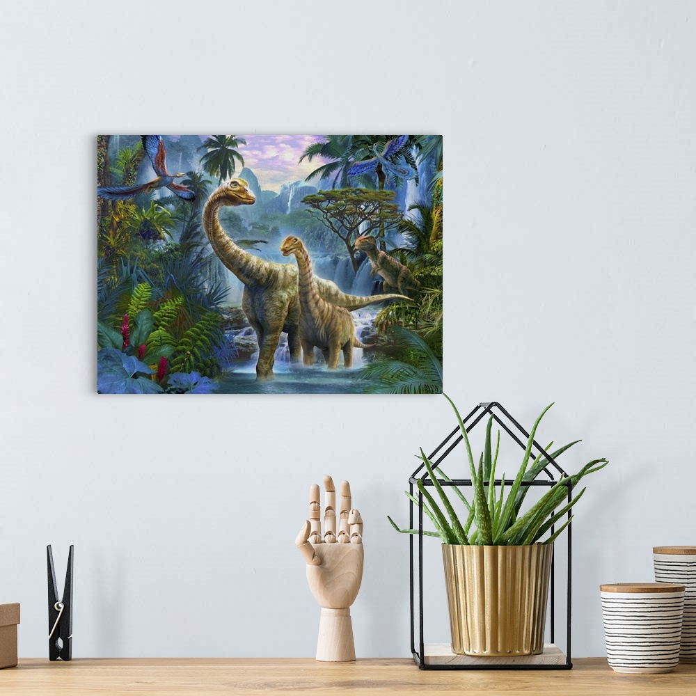 A bohemian room featuring Colorful artwork of a mother dinosaur with her young wading through shallow water in a jungle.