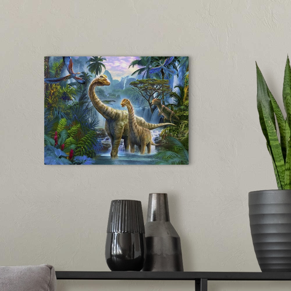 A modern room featuring Colorful artwork of a mother dinosaur with her young wading through shallow water in a jungle.