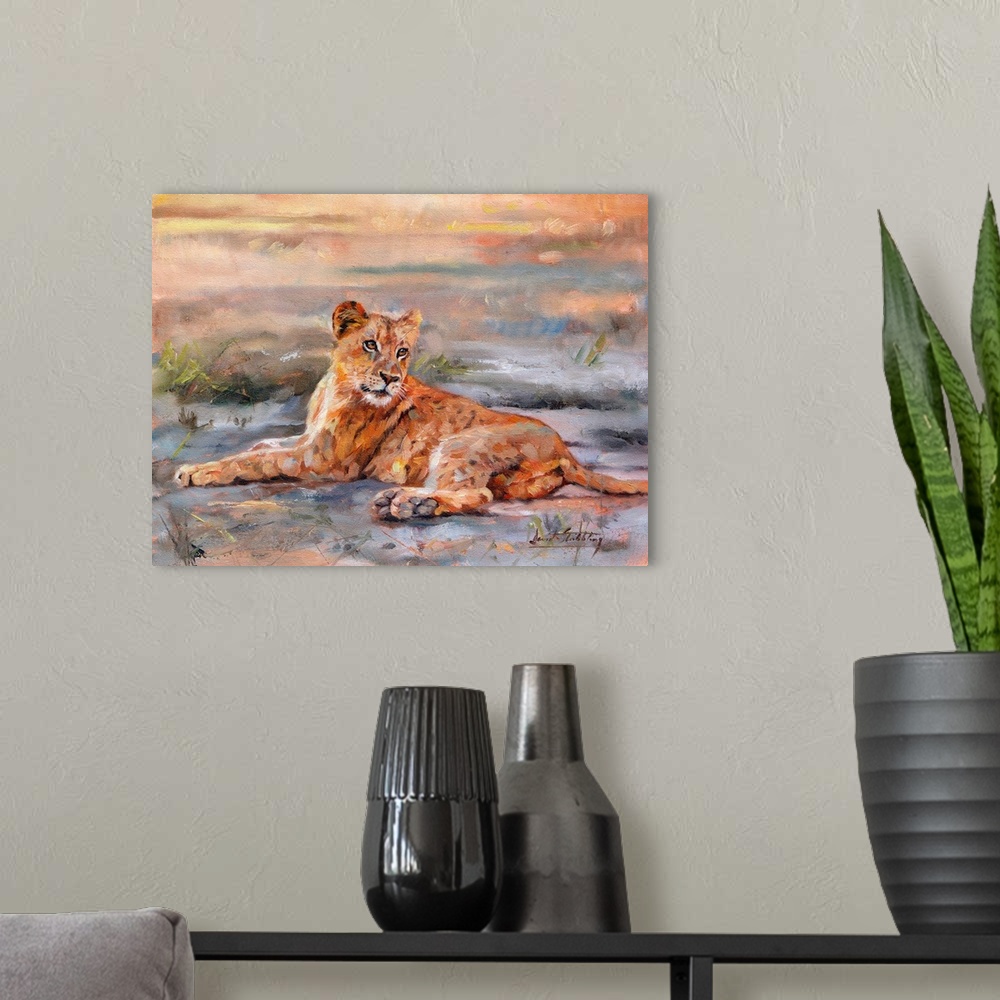 A modern room featuring Contemporary painting of a lioness laying on the ground.
