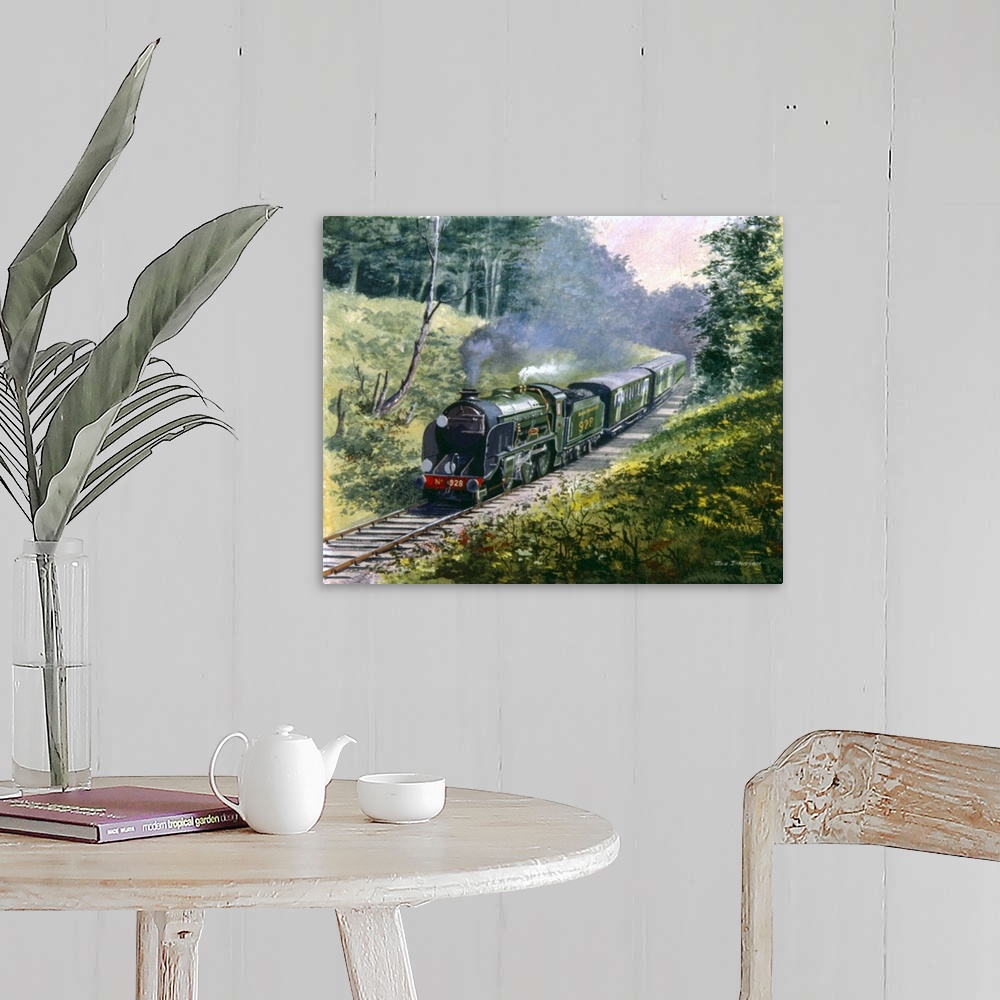 A farmhouse room featuring Contemporary painting of a train traveling through a rural landscape.