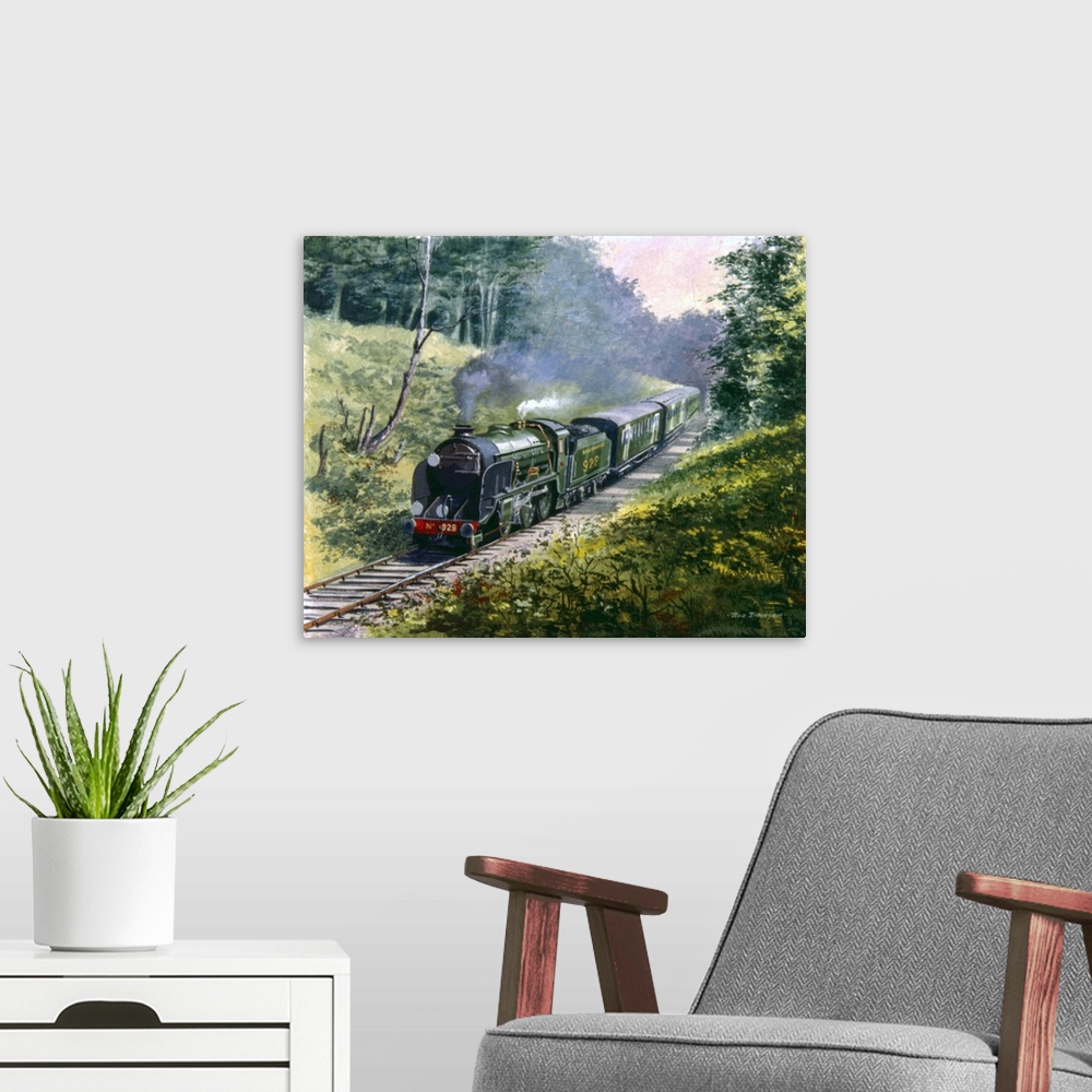 A modern room featuring Contemporary painting of a train traveling through a rural landscape.