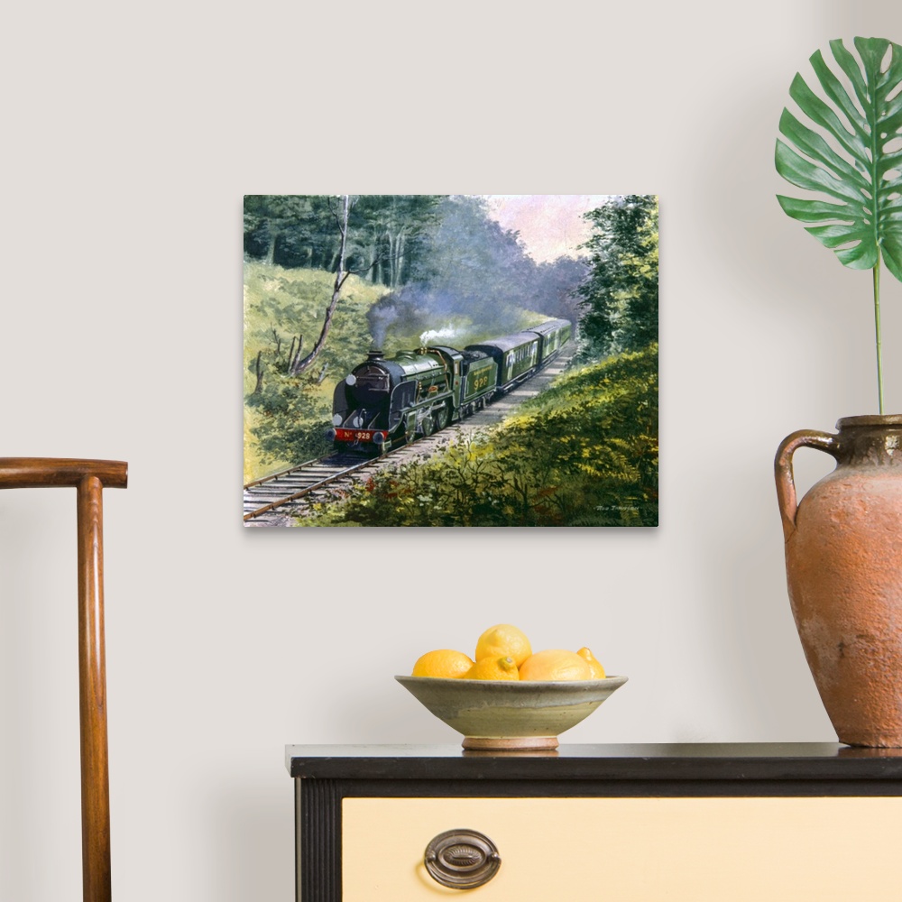 A traditional room featuring Contemporary painting of a train traveling through a rural landscape.