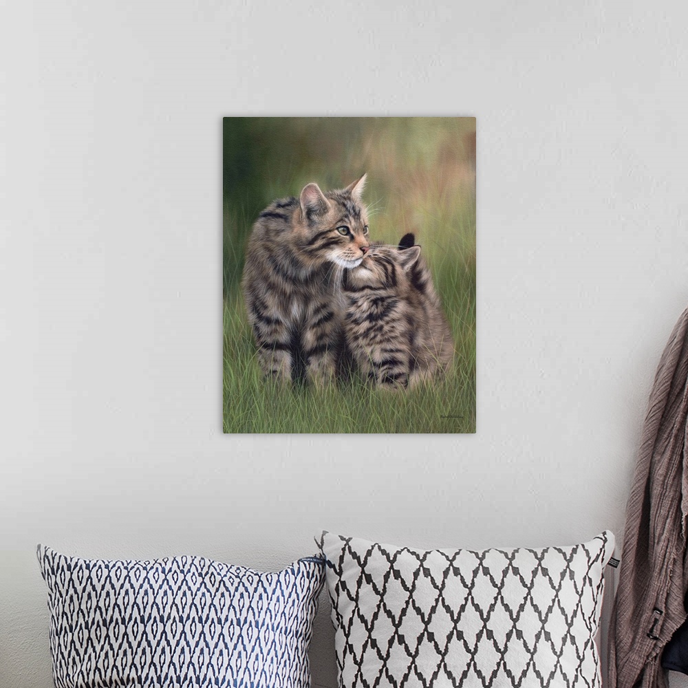 A bohemian room featuring Scottish wildcats nuzzling each other in the grass.
