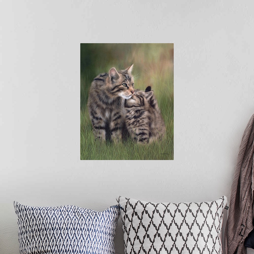 A bohemian room featuring Scottish wildcats nuzzling each other in the grass.