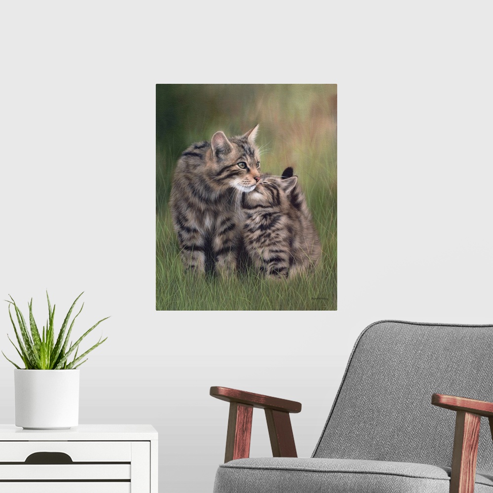 A modern room featuring Scottish wildcats nuzzling each other in the grass.