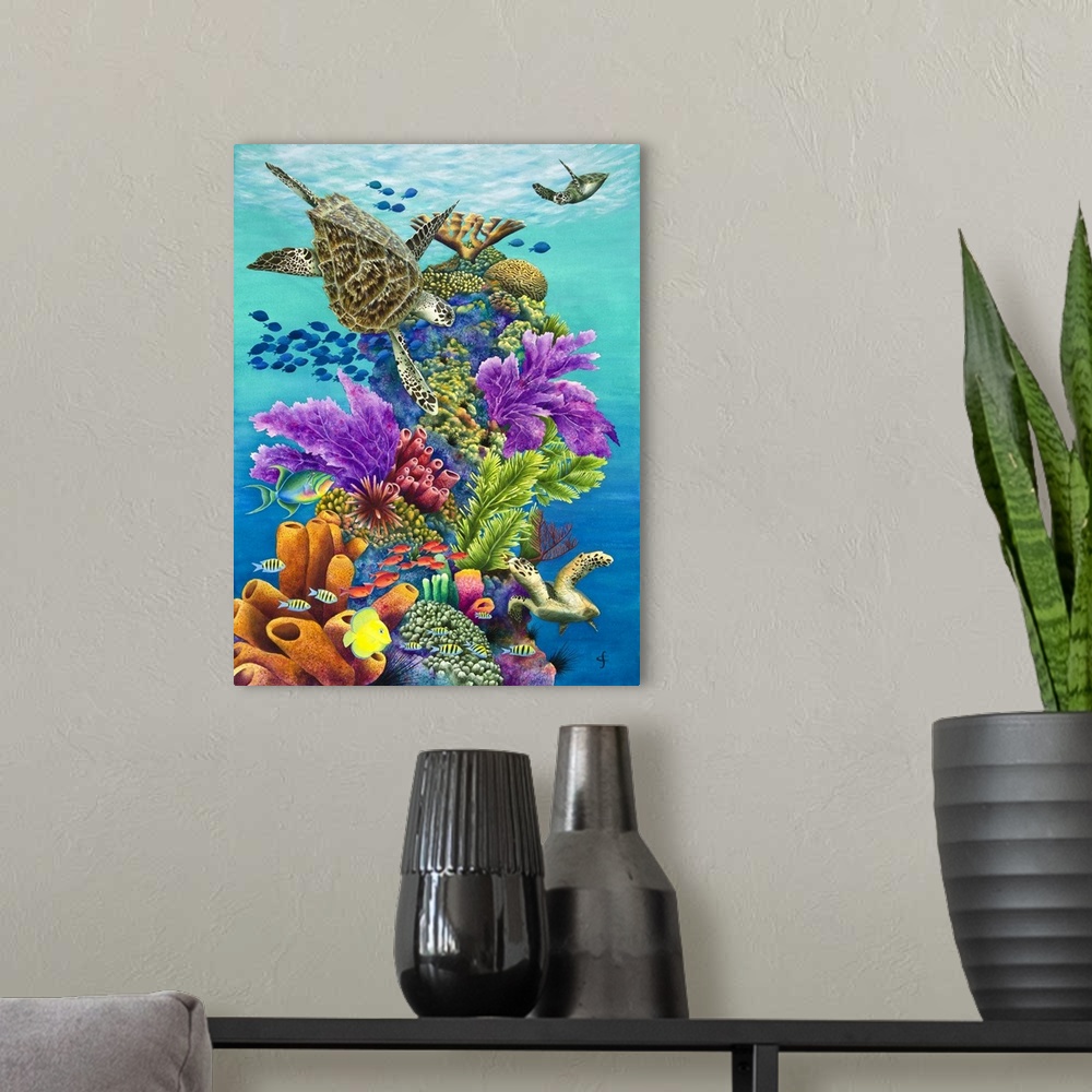 A modern room featuring Colorful tropical themed artwork using bright and vibrant colors.