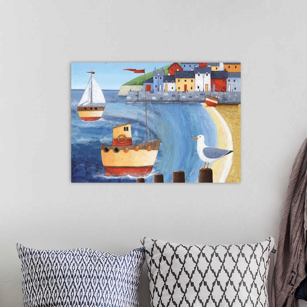 A bohemian room featuring Contemporary nautical themed painting of a small harbor town with boats anchored on the shore line.