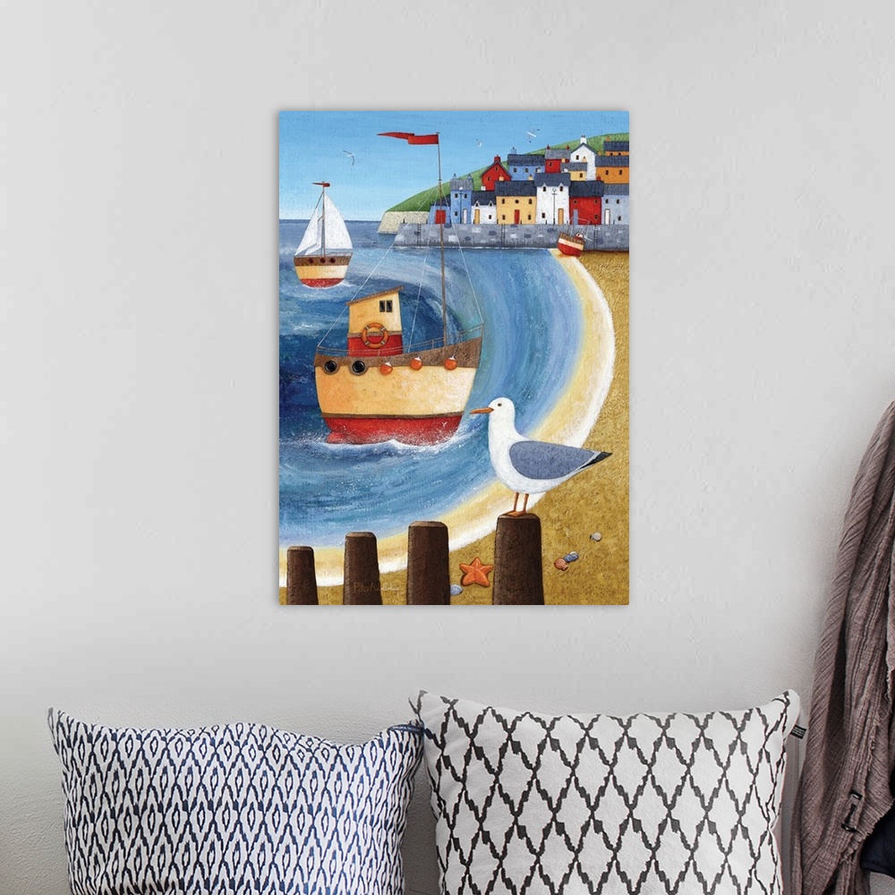 A bohemian room featuring Nautical themed painting of a harbor town with boats off shore.