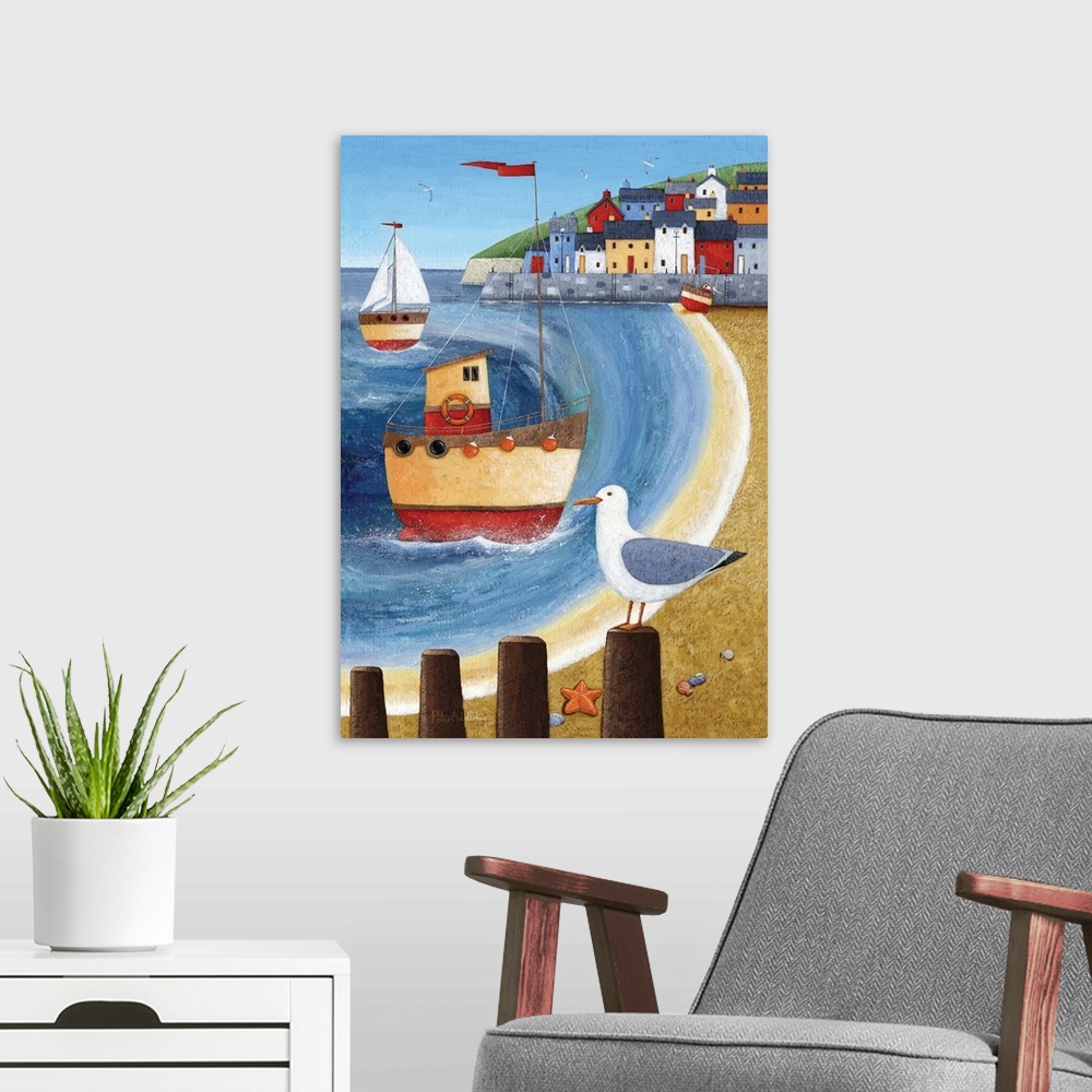 A modern room featuring Nautical themed painting of a harbor town with boats off shore.