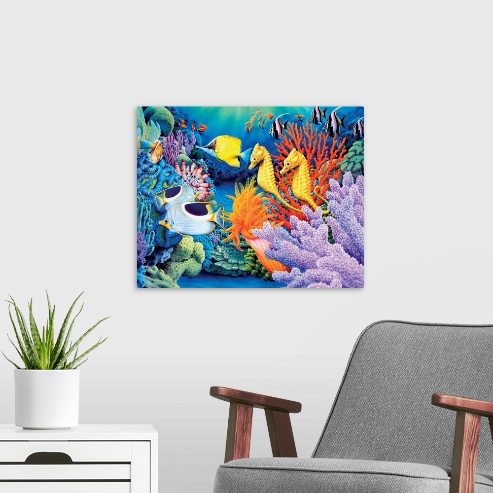 A modern room featuring Bright and colorful painting of underwater sea life including a school of fish and coral reef.