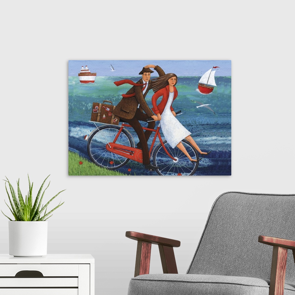 A modern room featuring Contemporary painting of a woman sitting on the handle bars of a red bike while a man pedals it.