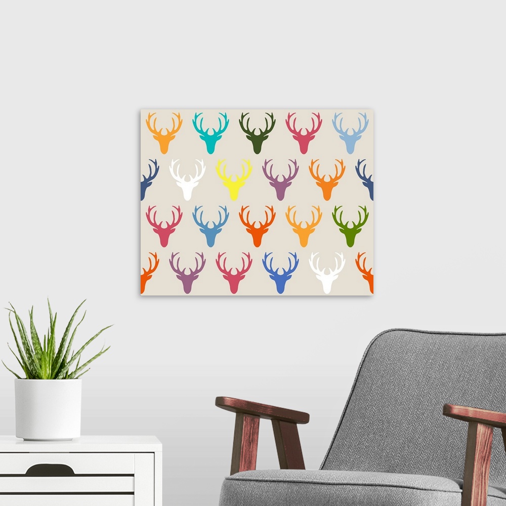 A modern room featuring repeating pattern ~ deer heads in summer colours