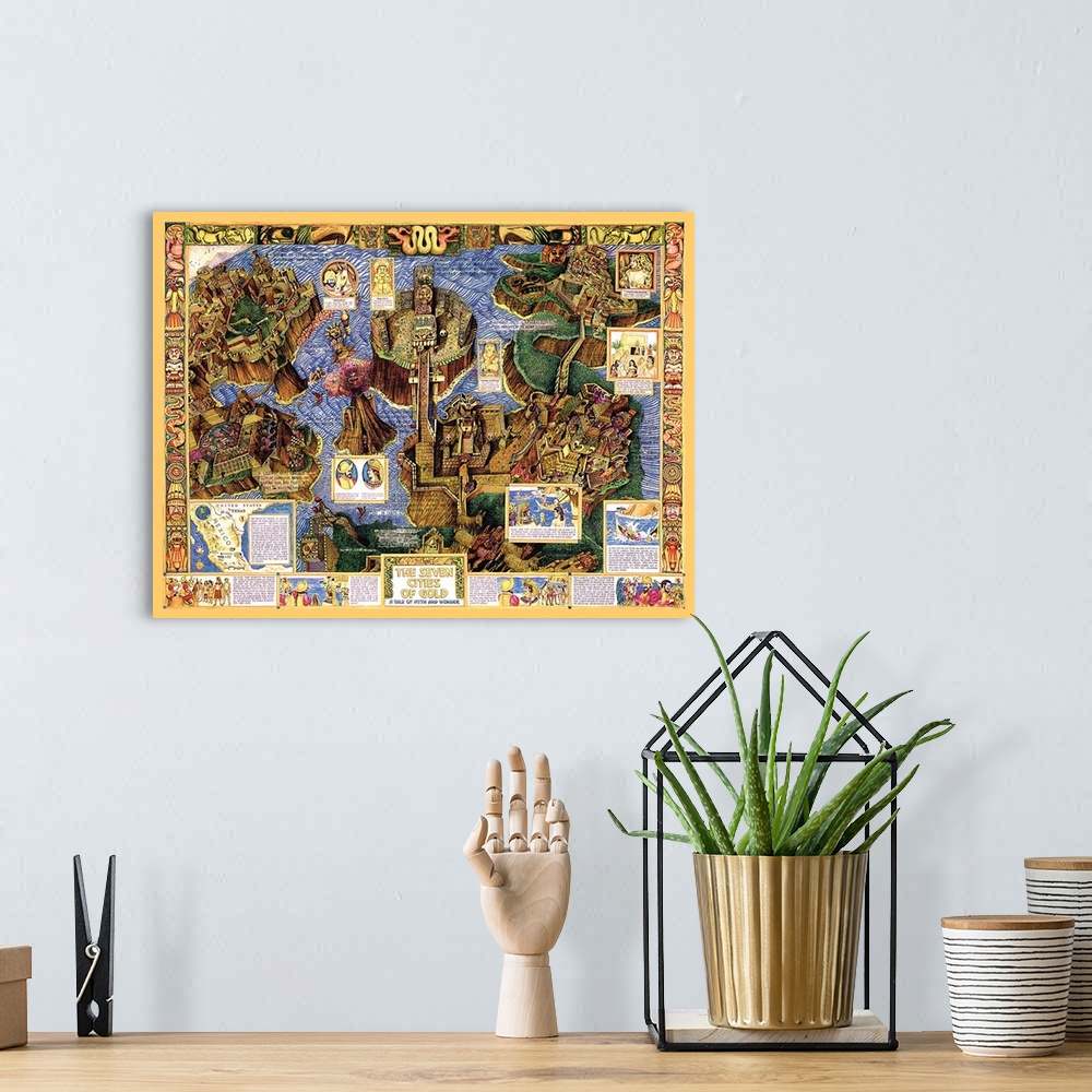 A bohemian room featuring Artist's view of the mythical place with timeline in the border.