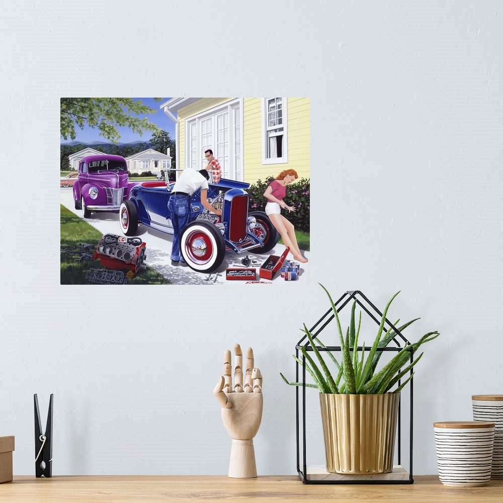 A bohemian room featuring Painting of three people working on a 1932 Ford hot rod in the late 1950s on canvas.
